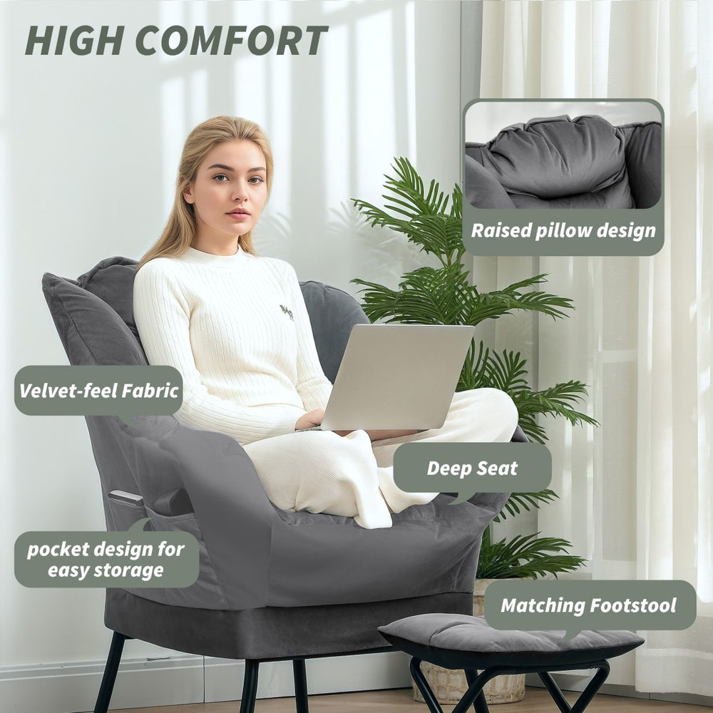 English Elm Lazy Tufted Velvet Accent Chair with Ottoman and Side Pockets for Reading Nooks T3971P405382