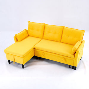 English Elm L-Shaped Reversible Chaise Sectional Sofa with Storage and Fold-Out Bed Cotton-Linen Modern Design Yellow W3371S00027