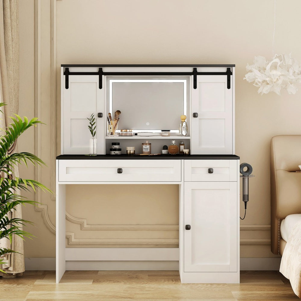 English Elm Farmhouse Vanity Table with Lighted Mirror Drawers and Hair Tool Storage for Bedroom W1321P423102