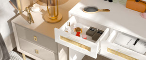 English Elm Makeup Vanity with Lights, Openable Mirror & Ample Storage Shelves, 4 Drawers and Cabinet Elegance White W2227P160483