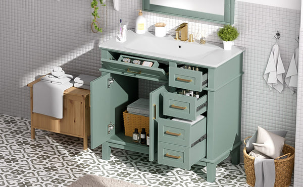 English Elm 36" Navy Bathroom Vanity Solid Wood Frame Ceramic Sink Gold Hardware Soft Close Light Green N729P380151F