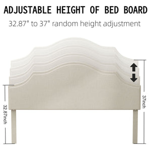 English Elm King Upholstered Platform Bed Frame King Size Linen Fabric Padded Headboard Adjustable 32.87"-37" Beige Modern Sturdy 1000lb Capacity W1716P280530