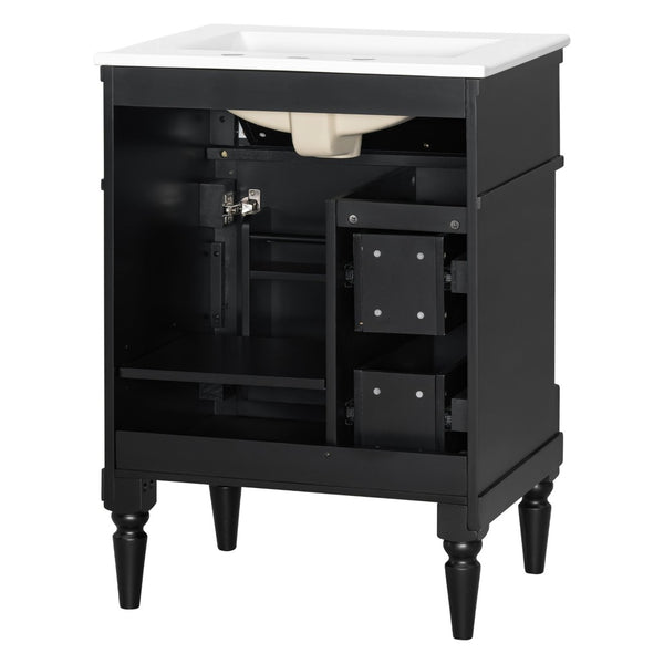 English Elm 24 Inch Freestanding Vanity with Ceramic Sink Rubberwood Frame Matte Finish Storage Black N725P356058B