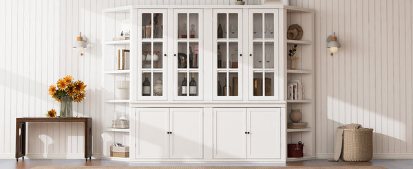 English Elm 2x 75.25'' Tall Retro-Modern Wall Suit with Glass Doors, 105.5'' Wide Storage Cabinets & Bookshelves for Living Room, Office, Hallway - White SUIT02_N845P263124W