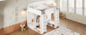 English Elm Triple Bunk Bed Wood Frame with Built in Shelves Hooks for Shared Kids Rooms White N7090004027K