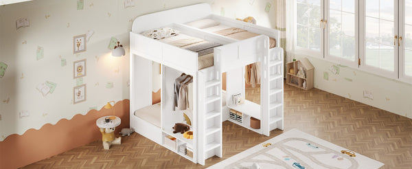 English Elm Triple Bunk Bed Wood Frame with Built in Shelves Hooks for Shared Kids Rooms White N7090004027K