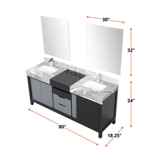 English Elm Black Double Bath Vanity 80" W With Castle Grey Marble Top, Gun Metal Faucets & Matching Mirrors B2731S01160