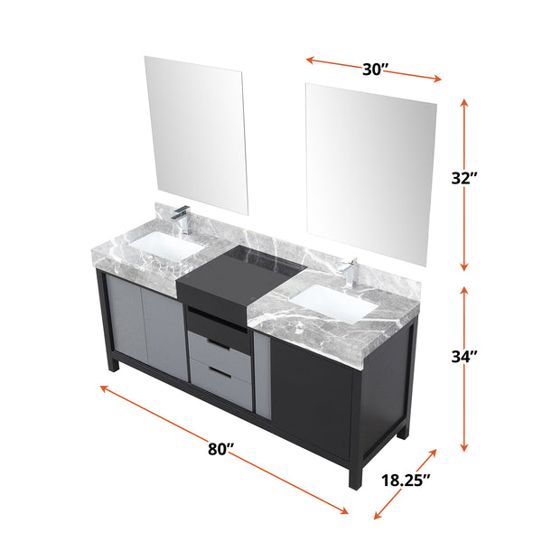 English Elm Black Double Bath Vanity 80" W With Castle Grey Marble Top, Gun Metal Faucets & Matching Mirrors B2731S01160