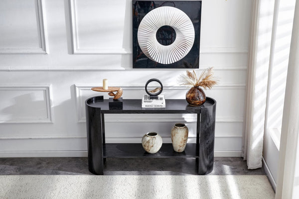 English Elm Double-layer Matte Black Console Table Curved Shelf Minimalist Entryway Sofa Side W3875P388012