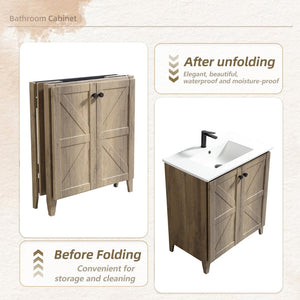 English Elm 30 Inch Floating Bathroom Vanity Fluted Wood Grain Front with Ceramic Integrated Sink Antique Grey W3520S00032