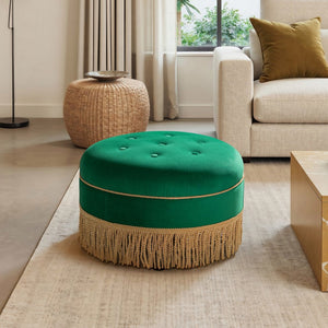 English Elm Yolanda Velvet Round Ottoman with Gold Bullion Fringe Jewel Toned Artisan Accent Piece B2719P364403