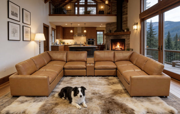 English Elm Leather Match Modular Sectional with Integrated Console and Generous Living Room Seating Ginger B2748S00168