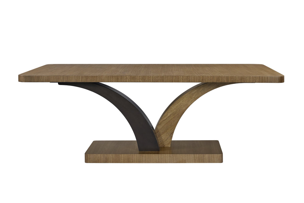 English Elm Pedestal Eucalyptus Rectangular Dining Table in Tan Finish with Sculptural Dual-Arc Base, Solid Wood Veneer, Stable Platform B2699S00103