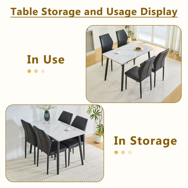 English Elm Table and Chair Set Modern Marble Glass Top Dining with 4 Ergonomic Pu Seats W1151S04630