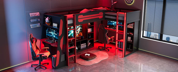 English Elm L-shaped Gaming Loft Bunk Bed Twin Wood Frame Rgb Lighting Usb Ports Storage Shelves Red LT000295AAR