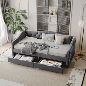 English Elm Full Boucle Upholstered Daybed with Tufted Headboard Storage Drawers and Usb Ports W1670S00027