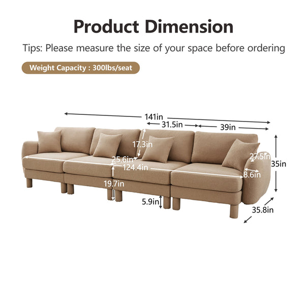 English Elm Boucle 4-Seater Sofa With Shell Armrests & Cylindrical Legs, Coffee Color - Plush Comfort & Style W3041S00287