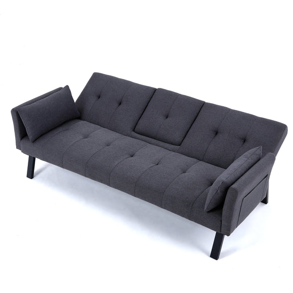 English Elm 70-inch Foldable Cotton Linen Sofa Bed with Cup Holder & Side Storage, Space-Saving 2-Seater Design DARK GREY W3371P337199