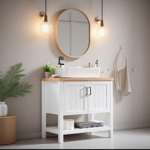English Elm 32" Bathroom Vanity With Sink, Modern Solid Wood Cabinet For Small Spaces, Stylish Open Shelf Design W3151S00013