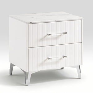 English Elm Glam Two Drawer Nightstand Faux Marble Top Chrome Legs White Bedroom Side Table B011P443207