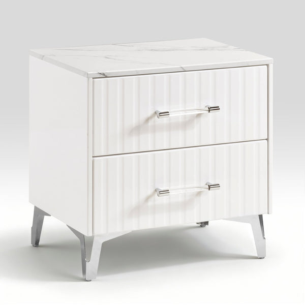 English Elm Glam Two Drawer Nightstand Faux Marble Top Chrome Legs White Bedroom Side Table B011P443207