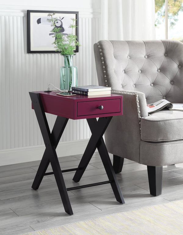 English Elm Fierce Burgundy Accent Table with USB Port, Drawer & Black X-Leg Design for Modern Living Rooms B2726P243238