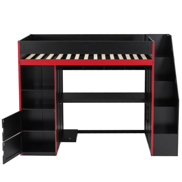 English Elm Gaming Twin Loft Bed with Led Desk Storage Locker and Bold Black Red Finish N709P004102J