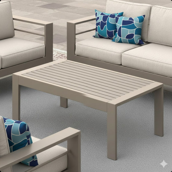 English Elm 43" Outdoor Coffee Table with Wood Grain Top on Powder Coated Iron for Patio Lounging Khaki B082P455113