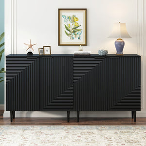 English Elm Mirod Geometric Relief Mdf Cabinet Set Lacquered Finish Metal Legs Modern Living Room Black N760S0000034B