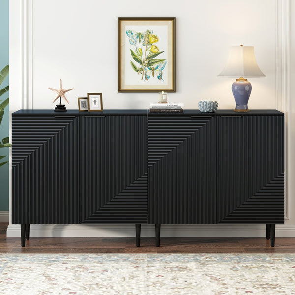 English Elm Mirod Geometric Relief Mdf Cabinet Set Lacquered Finish Metal Legs Modern Living Room Black N760S0000034B