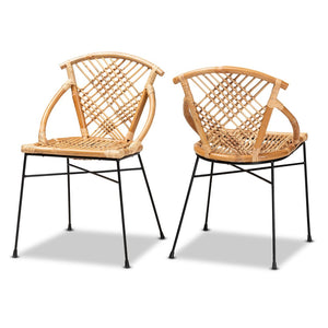 English Elm Modern Rattan Dining Chair Set of Two with Woven Back and Black Iron Base B2750P420347