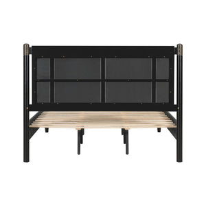 English Elm Solid Pine Queen Bed Industrial Upholstered Headboard with Iron Handles 500 Lb Frame Black,Dark Grey N770PQ361408B