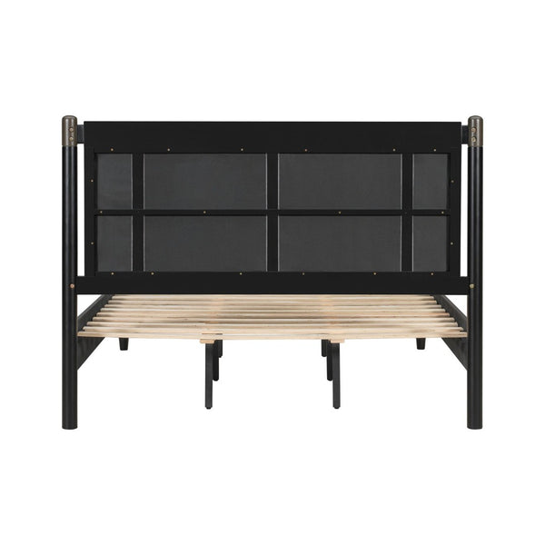 English Elm Solid Pine Queen Bed Industrial Upholstered Headboard with Iron Handles 500 Lb Frame Black,Dark Grey N770PQ361408B