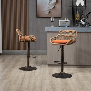 English Elm Modern Swivel Bar Stools Set of 2 Adjustable Counter Height Chairs with Linen Seat, Retro Rattan Back, 360° Rotation and Footrest, Vintage Gold Base, Durable Indoor/Outdoor Seating (Seat Height 25.6–33.9") Orange W39594824