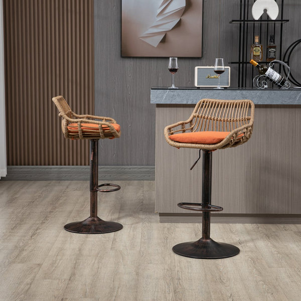 English Elm Modern Swivel Bar Stools Set of 2 Adjustable Counter Height Chairs with Linen Seat, Retro Rattan Back, 360° Rotation and Footrest, Vintage Gold Base, Durable Indoor/Outdoor Seating (Seat Height 25.6–33.9") Orange W39594824