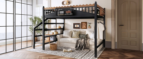 English Elm Twin Xl Metal Loft Bed with Stair Storage Shelves Sturdy Steel Frame for Dorms W1580S00379