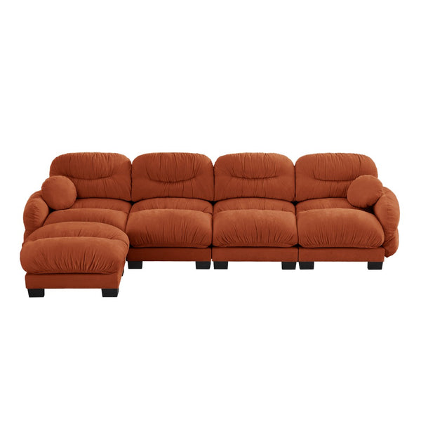English Elm Pleated Chenille Sectional Sofa with Ottoman Ergonomic Foam Curved Armrests Living Room Orange W5656S00071