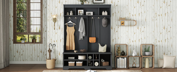 English Elm Modern Hallway Hall Tree with Bench, 6 Metal Hooks & Shoe Cubbies, Spacious Entryway Organizer Black W1580P327017