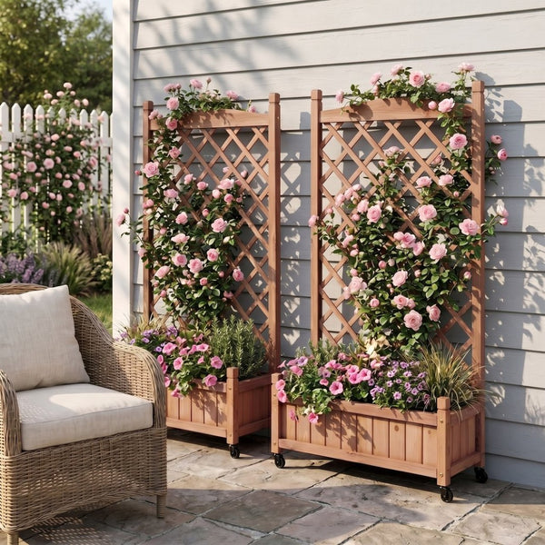 English Elm Raised Wood Planter Boxes with Integrated Trellis for Climbing Vines Set of Two D720094446