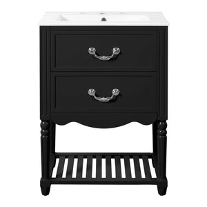 English Elm 24'' Vintage Bathroom Vanity with Ceramic Sink Soft Close Drawers Open Shelf Black N710P411237B