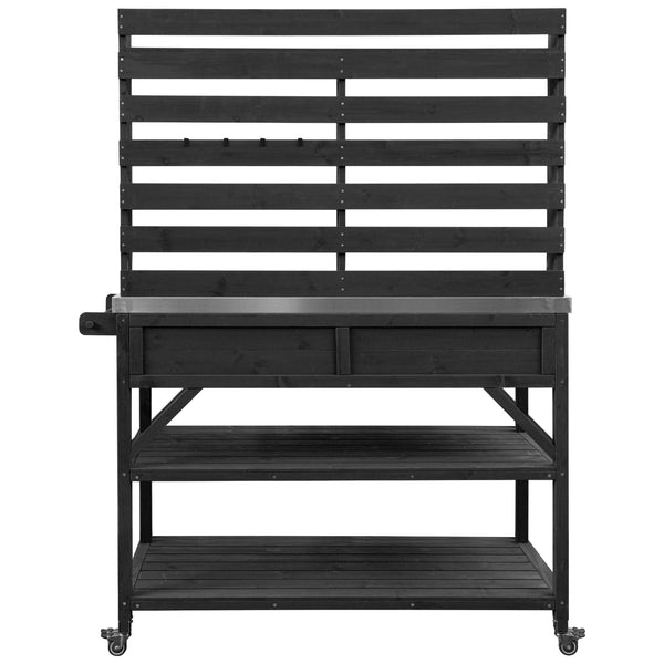 English Elm K&K 64.9" Outdoor Potting Bench with 1.2" Stainless Steel Top, Lockable Wheels, Hutch & Drawers Black N707P228274B