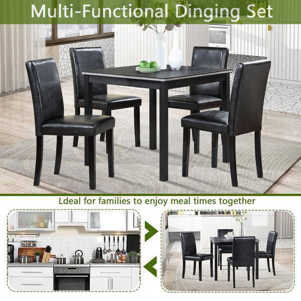 English Elm 5 Piece Wooden Dining Table Set - Elegant Square Table With Crystal Trim & 4 Upholstered Chairs, Black W1998S00041