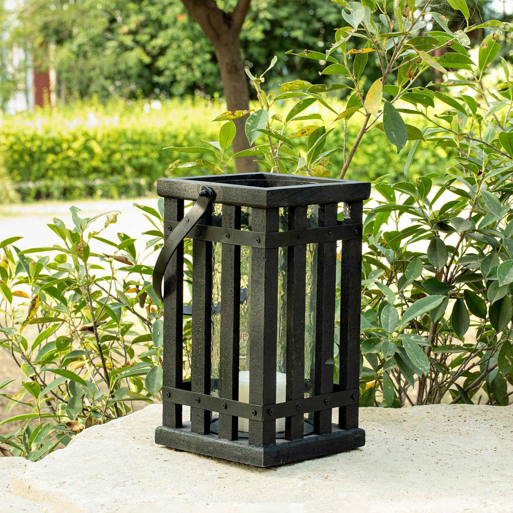 English Elm Black Kori Square Lantern — Handcrafted Mango Wood, Metal & Glass Candle Holder, Rustic Modern Glow B346P369777