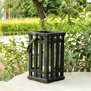 English Elm Black Kori Square Lantern — Handcrafted Mango Wood, Metal & Glass Candle Holder, Rustic Modern Glow B346P369777