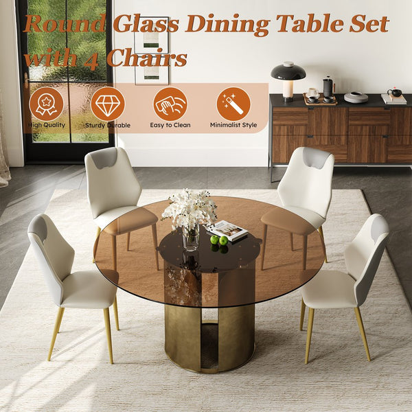 English Elm 59-Inch Modern Round Dining Table Set With Dark Brown Glass Top & Antique Copper Steel Legs For Stylish Dining W509S00146