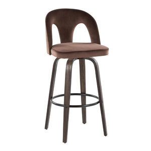 English Elm Fixed-height Swivel Barstools Walnut Bentwood and Velvet Upholstered Seats Set of 2 B202S01886