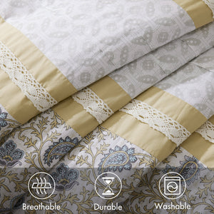 English Elm 9 Piece Cotton Percale Comforter Set - Timeless Yellow Cottage Charm With Elegant Paisley Design B03597197