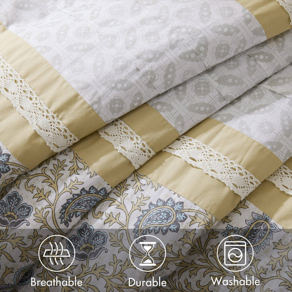 English Elm 9 Piece Cotton Percale Comforter Set - Timeless Yellow Cottage Charm With Elegant Paisley Design B03597197