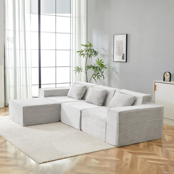 English Elm L-shaped Corduroy Sectional with Ottoman Three Seat Modular Sofa for Modern Living Light Gray W2699S00081