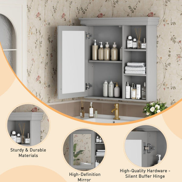 English Elm 30'' Wall Mount Bathroom Cabinet with Mirror Soft Close Door and Adjustable Shelf Gray N710P209425E